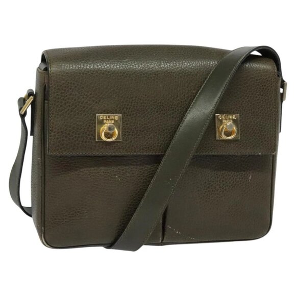 CELINE Shoulder Bag Leather Khaki Gold Auth KD335 - Picture 1 of 14